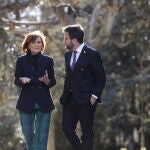 Carmen Calvo y Pere Aragonés, en la reunión de la mesa de diálogo en Moncloa en febrero de 2020