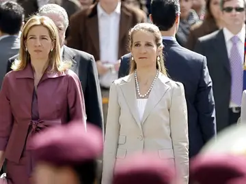 FILE - In this Wednesdday, April 16, 2008 file photo, Spain's Princess Cristina, left and Princess Elena, listen to the Spanish national anthem during a ceremony, upon their arrival for the opening of the Spanish Parliament, after Jose Luis Rodriguez Zapatero's Socialist Party won the general elections on March 9, in Madrid. The sisters of Spanish King Felipe VI have acknowledged on Wednesday, March 3, 2021, that they were administered COVID-19 vaccines during a visit to the United Arab Emirates. In a statement published by a Spanish newspaper, the Infantas Elena and Cristina said that they were “offered the possibility†of receiving vaccines while in Abu Dhabi to visit their father and former monarch, Juan Carlos I. (AP Photo/Daniel Ochoa de Olza, File) FILE - In this Wednesdday, April 16, 2008 file photo, Spain's Princess Cristina, left and Princess Elena, listen to the Spanish national anthem during a ceremony, upon their arrival for the opening of the Spanish Parliament, after Jose Luis Rodriguez Zapatero's Socialist Party won the general elections on March 9, in Madrid. The sisters of Spanish King Felipe VI have acknowledged on Wednesday, March 3, 2021, that they were administered COVID-19 vaccines during a visit to the United Arab Emirates. In a statement published by a Spanish newspaper, the Infantas Elena and Cristina said that they were “offered the possibility†of receiving vaccines while in Abu Dhabi to visit their father and former monarch, Juan Carlos I. (AP Photo/Daniel Ochoa de Olza, File)