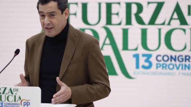 El presidente de la Junta de Andalucía y presidente del PP andaluz, Juanma Moreno, durante su intervención este domingo en el XIII Congreso provincial del PP de Málaga. EFE/Jorge Zapata