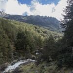 Un senderista en el camino de regreso desde los Chorros del Manzanares, en la Sierra de Guadarrama, Madrid (España).