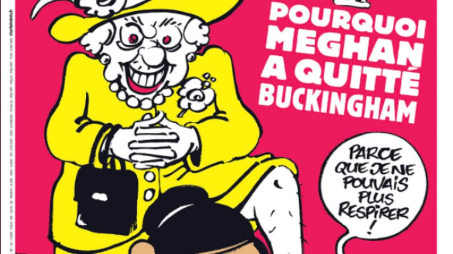 La portada de "Charlie Hebdo" que sitúa a Meghan Markle bajo la rodilla de Isabel II