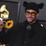 Bad Bunny arrives at the 63rd annual Grammy Awards at the Los Angeles Convention Center on Sunday, March 14, 2021. (Photo by Jordan Strauss/Invision/AP)