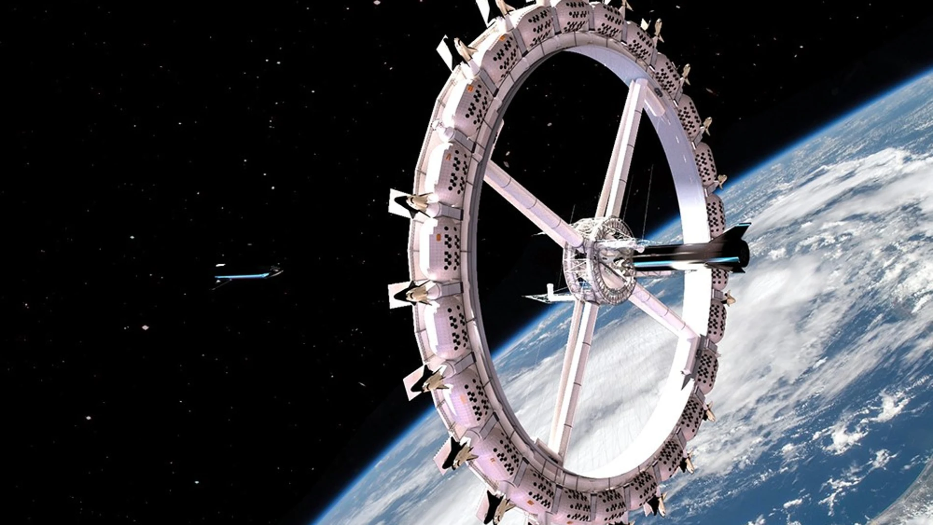 Reconstrucción artística de la estación espacial Voyager que pretende funcionar como un hotel antes de que termine la década.