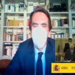 El ex presidente del Gobierno José María Aznar, durante su declaración como testigo por videoconferencia en el juicio de la "caja B"