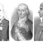 De izquierda a derecha, el almirante Pascual Cervera y Topete, Federico Gravina y Cosme Damián Churruca