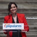 La presidenta de la Comunidad de Madrid, Isabel Díaz Ayuso, interviene durante la presentación de la candidatura del PP de Madrid