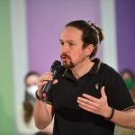 El candidato de Unidas Podemos a las elecciones de Madrid, Pablo Iglesias, en un acto de su partido