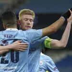 De Bruyne celebra el gol que marcó con Mahrez en el Manchester City - Dortmund de la Champions
