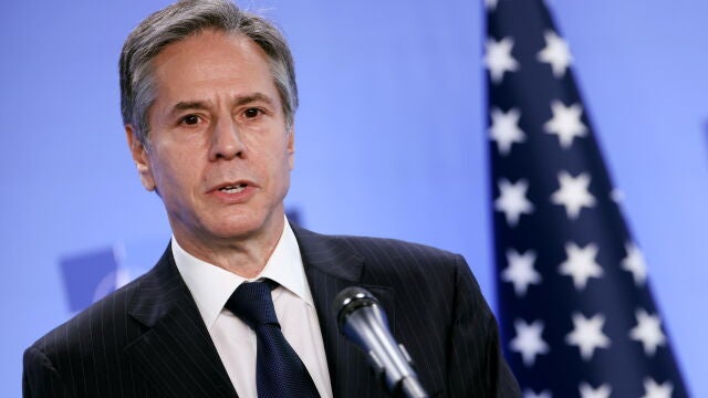 El secretario de Estado de Estados Unidos, Antony Blinken, hoy, durante una conferencia de prensa con el jefe de la OTAN en Bruselas