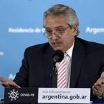 FILE PHOTO: Argentina's president, Alberto Fernandez, gestures during the announcement that Argentina and Mexico will produce and distribute an experimental coronavirus vaccine, at the Olivos Presidential residence, in Buenos Aires, Argentina August 12, 2020. Juan Mabromata/Pool via REUTERS/File Photo