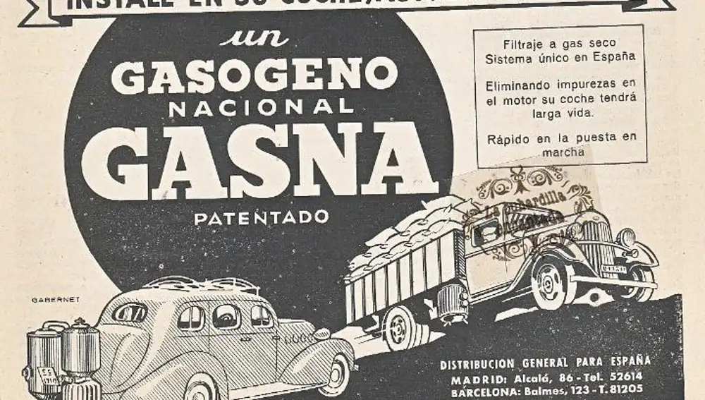 Anuncio de motores de gasógeno para automóviles y camiones