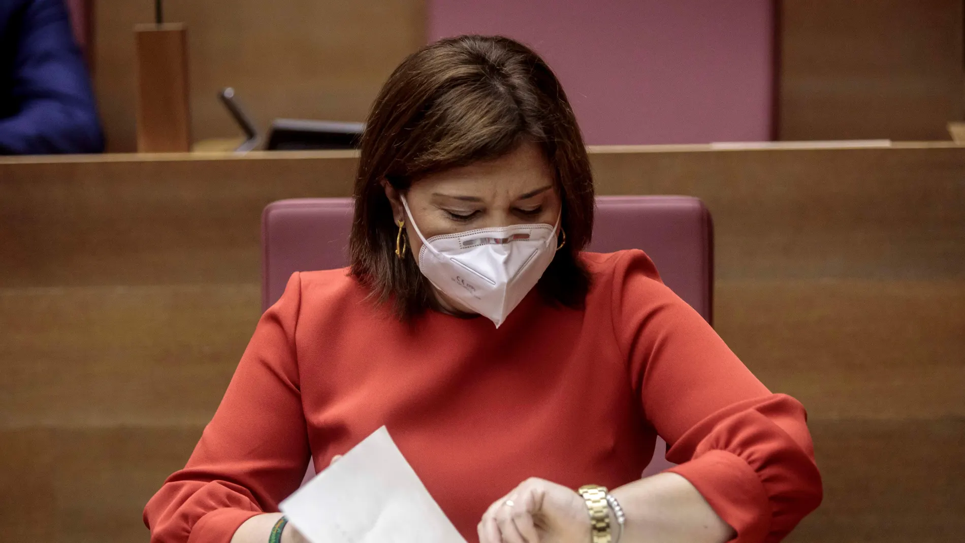 La portavoz del grupo parlamentario popular, Isabel Bonig, durante el pleno de Les Corts a preguntas sobre la crisis de la covid-19 y sobre la ampliación del puerto de Valencia. EFE/Biel Aliño