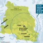 Mapa con la zona de exclusión alrededor de la central nuclear de Chernóbil.