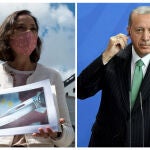 La ministra de Industria y Comercio, Reyes Maroto, con la fotografía de la navaja ensangrentada que ha recibido dentro de un sobre, y el presidente de Turquía, Recep Tayyip Erdogan