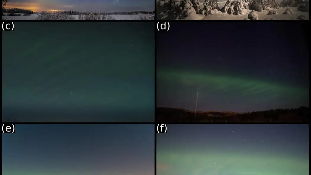 LUGARES Y FOTÓGRAFOS ASOCIADOS CON LAS IMÁGENES: (A) AURA, FINLANDIA, JUKKA HILSKA; B) ENGERDAL, NORUEGA, KNUT HOLMSETH; (C) KARMØY, NORUEGA, KJETIL VINORUM; (D) ISLA DE MULL, ESCOCIA, BARRY WHENMAN; (E) LENDALFOOT, ESCOCIA, MARK FERRIER, Y (F) RATTRAY, ESCOCIA, GRAEME WHIPPS. LA FILA INFERIOR MUESTRA LAS MISMAS IMÁGENES CON ANOTACIONES QUE INDICAN LAS DIRECCIONES CARDINALES Y LOS ELEMENTOS DE DUNAS MÁS PROMINENTES