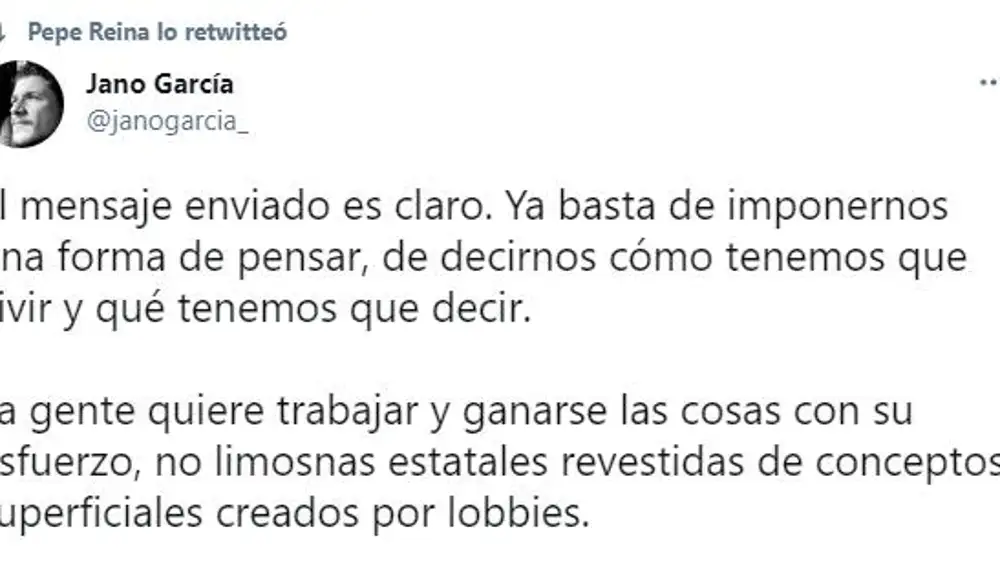 Mensaje "retuiteado" por Pepe Reina