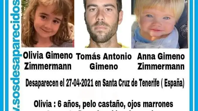 Cartel de SOS Desaparecidos sobre la desaparición de Tomás y de sus hijas Anna Gimeno y Olivia
