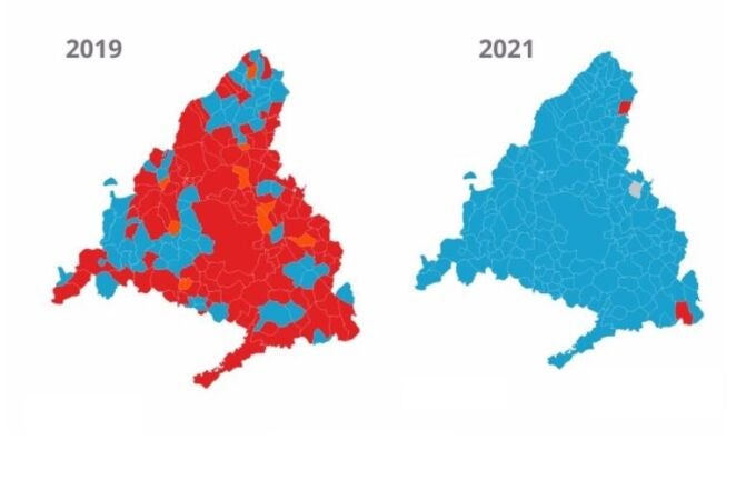 Mapa de "poder" en la Comunidad de Madrid en las elecciones de 2019 y en las de 2021
