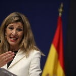 La vicepresidenta tercera y ministra de Trabajo, Yolanda Díaz, durante la presentación de las propuestas de su departamento en el Plan de Recuperación