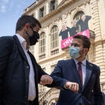 Jordi Sànchez (JxCat) y Pere Aragonès (ERC) en la presentación del acuerdo