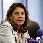 FILE - In this May 6, 2019 file photo, Colombia's Vice President Marta Lucia Ramirez speaks at a news conference at the Colombian embassy in Washington. President Ivan Duque has named Ramirez on Wednesday, May 19, 2021, to be the country's next Foreign Minister. (AP Photo/Patrick Semansky)