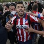 Luis Suárez, en la celebración del título del Atlético en Valladolid