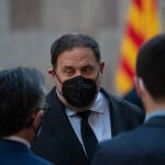 El presidente de ERC, Oriol Junqueras (c), durante la toma de posesión de Pere Aragonès como presidente de la Generalitat