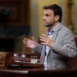 El presidente del grupo parlamentario de Unidas Podemos, Jaume Asens, hoy, en el pleno del Congreso de los Diputados