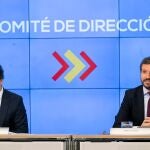 Casado y Teodoro García Egea durante el comité de dirección del PP que se celebró ayer en la sede de Génova