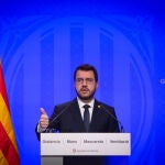 El president de la Generalitat, Pere Aragonès, interviene en una rueda de prensa posterior al Consell Executiu.