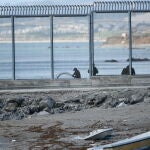 Agentes de la gendarmería marroquí instalan alambradas de concertinas en el muelle del Tarajal