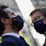 El presidente de la Xunta, Alberto Núñez Feijóo (d), junto al presidente del PP, Pablo Casado (i)