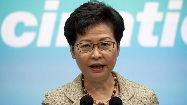 Hong Kong (China), 15/06/2021.- Hong Kong Chief Executive Carrie Lam speaks during a press conference at the Central Government Offices in Hong Kong, China, 15 June 2021. Lam has conceded that new guidelines authorising the banning of films believed to breach the Beijing-imposed national security law have caused concerns within the film industry after the gazetting last week of new guidelines for censors under the Film Censorship Ordinance. EFE/EPA/JEROME FAVRE