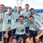 Gerard Moreno, Jordi Alba, Ferran Torres, Pau Torres, Gayá, Azpilicueta y Sarabia en un entrenamiento