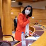 La ministra de Sanidad, Carolina Darias, a su llegada para ofrecer una rueda de prensa tras la celebración del primer Consejo Interterritorial del Sistema Nacional de carácter presencial