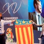El presidente del PP, Pablo Casado, sujeta la Senyera junto al recién elegido presidente del PPCV, Carlos Mazón, durante el décimo quinto Congreso del Partido Popular de la Comunitat Valenciana (PPCV), que ha elegido al presidente del partido para liderar la formación durante los próximos años