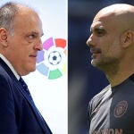 Javier Tebas, presidente de LaLiga, y Pep Guardiola, entrenador del Manchester City.