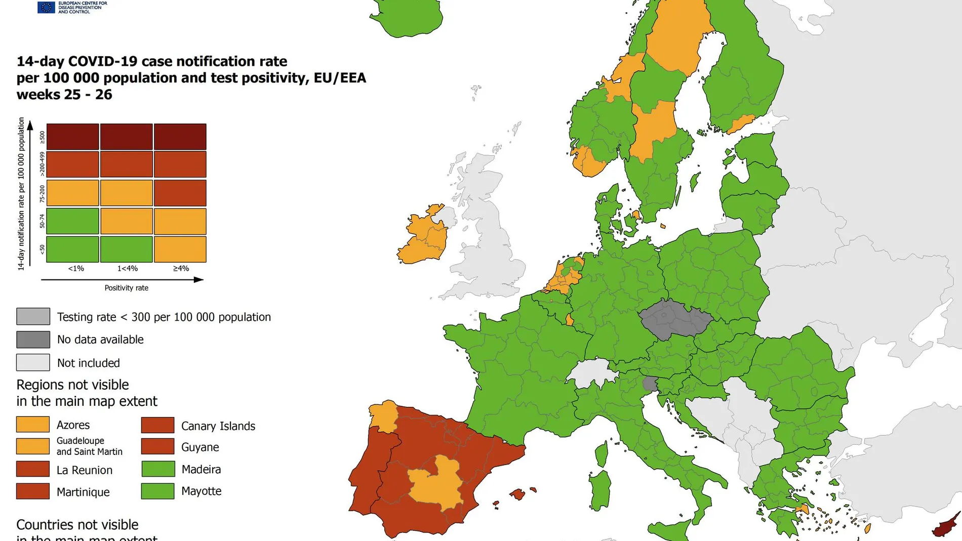 Mapa por colores según el número de contagios de la ECDC sobre la situciación de la pandemia en la UE