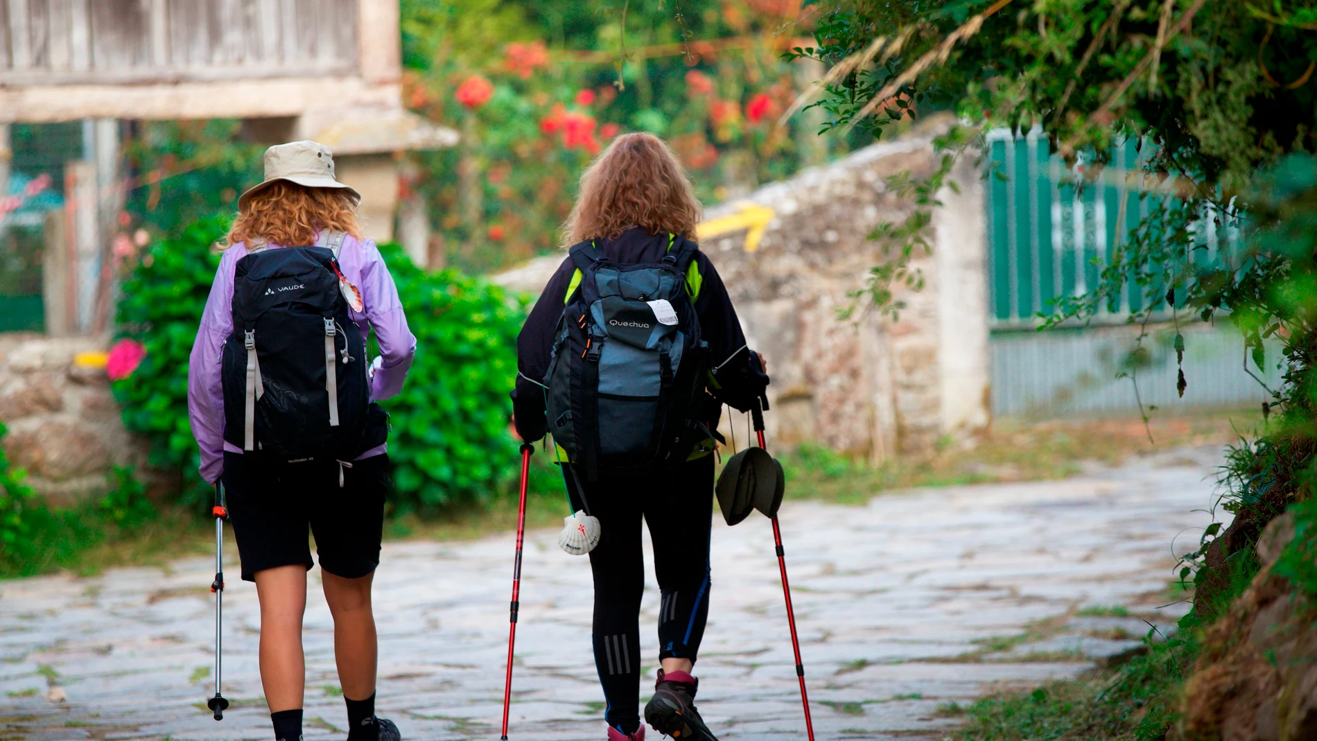 Varios peregrinos a su paso por la localidad gallega de Palas de Rei durante su peregrinaicón por el Camino de Santiago. Galicia quedará este jueves bajo influencia anticiclónica, de forma que la jornada será de tiempo seco con cielos nublados al norte y niebla en el interior por la mañana. EFE/ Eliseo Trigo