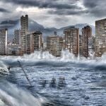 Imagen cedida por Greenpeace de un montaje de como se vería afectada la ciudad de Benidorm por la subida del nivel del mar en 2100
