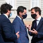 El presidente de Murcia Fernando López Miras, el presidente de la Junta de Andalucía Juanma Moreno Bonilla, y el presidente del partido Popular Pablo Casado