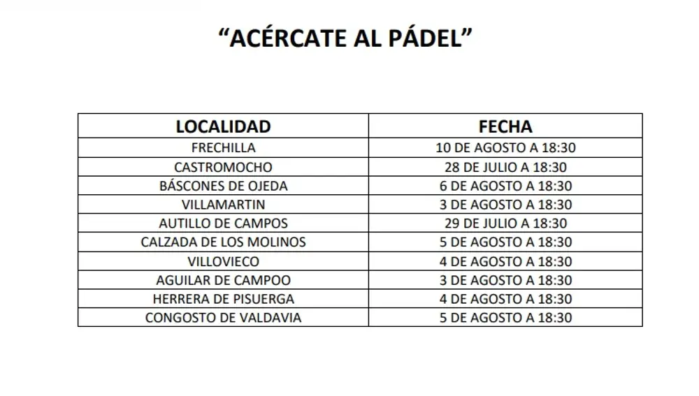 Horarios Programa Acércate al Pádel de la Diputación de Palencia