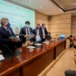 El presidente de la Comunidad de Murcia Fernando López Miras durante la presentación del estudio "Estimación del Impacto Económico del Agua del Trasvase Tajo-Segura para Regadío en la Región de Murcia", este jueves en la sede de la patronal murciana.