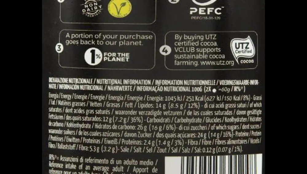 Etiqueta de una tarrina de helado vegano de venta en Aldi