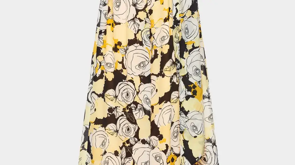 Pantalón de corte flare, confeccionado en tejido de seda floral print en tonos amarillos y negros