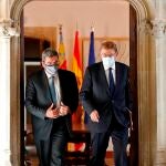 El president de la Generalitat Ximo Puig y el ministro de Inclusión, Seguridad Social y Migraciones José Luis Escrivá comparecen en rueda de prensa tras la reunión que han mantenido hoy en el Palau de la Generalitat.