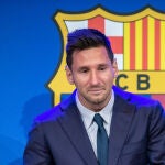 Lionel "Leo" Messi laments during his press conference to talk about his departure from FC Barcelona at Camp Nou stadium on August 08, 2021, in Barcelona, SpainAFP7 08/08/2021 ONLY FOR USE IN SPAIN