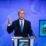 El secretario general de la OTAN, Jens Stoltenberg, durante la rueda de prensa de hoy