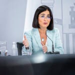 La ministra de Sanidad, Carolina Darias, durante la rueda de prensa posterior a la reunión del Consejo Interterritorial del Sistema Nacional de Salud A.Martínez Vélez. POOL/Europa Press