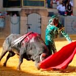 El diestro peruano Andrés Roca Rey da un pase con la muleta a uno de los de su lote, durante una corrida de la Goyesca. EFE/Toromedia